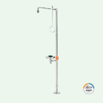 PremiumLine Körper-Notdusche mit Augendusche mit Auffangbecken, Edelstahl für Bodenmontage