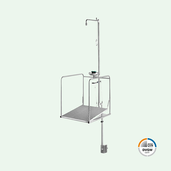 BR886395 PremiumLine frostsichere selbstentleerende Augenduschen-Notduschen-Station mit umliegendem Schutzkorb mit Unterflurauslösung, Edelstahl für Bodenmontage – Image 1