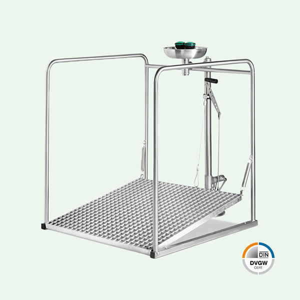 BR887095 PremiumLine Augenduschen-Station mit umliegendem Schutzkorb, selbstentleerend, Edelstahl für Bodenmontage – Image 1