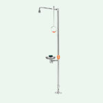 PremiumLine Körper-Notdusche mit Augendusche mit Auffangbecken, Edelstahl für Bodenmontage